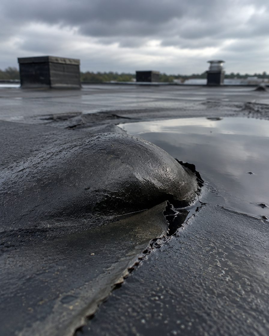 Blaar en scheur in de bitumen dakbedekking van een plat dak
