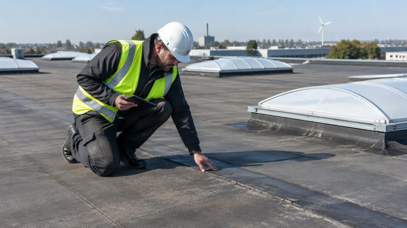 Dakdekker inspecteert een plat dak van een bedrijfspand