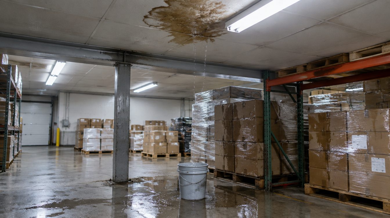 Lekkage door het plafond in een bedrijfshal met natte voorraad